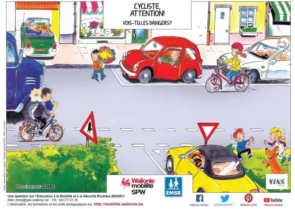 Poster didactique : cycliste attention ! Vois-tu les dangers ?
